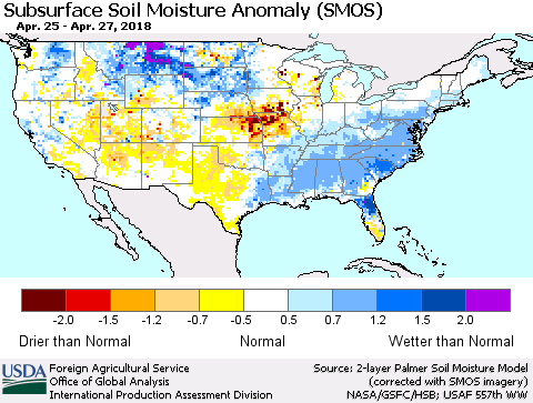 United States Subsurface Soil Moisture Anomaly (SMOS) Thematic Map For 4/23/2018 - 4/29/2018