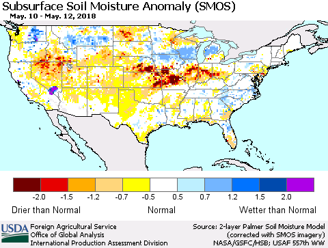 United States Subsurface Soil Moisture Anomaly (SMOS) Thematic Map For 5/7/2018 - 5/13/2018
