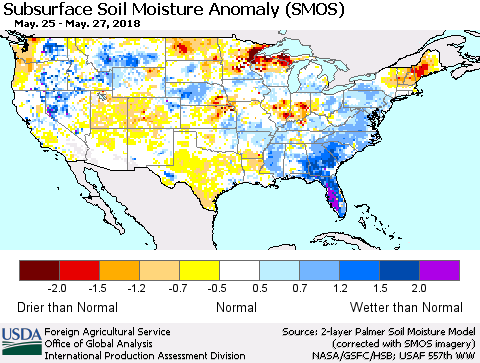 United States Subsurface Soil Moisture Anomaly (SMOS) Thematic Map For 5/21/2018 - 5/27/2018