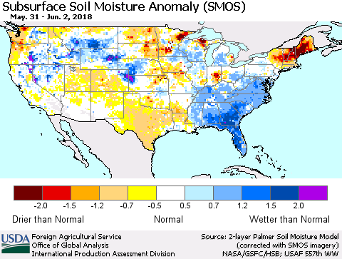 United States Subsurface Soil Moisture Anomaly (SMOS) Thematic Map For 5/28/2018 - 6/3/2018