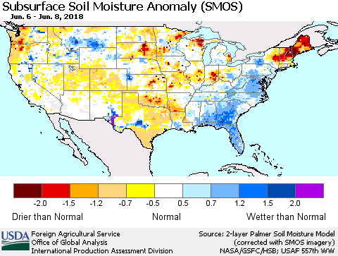 United States Subsurface Soil Moisture Anomaly (SMOS) Thematic Map For 6/4/2018 - 6/10/2018