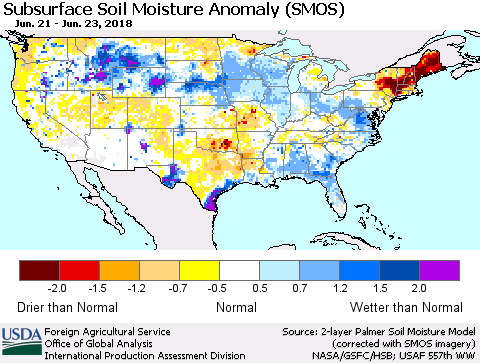 United States Subsurface Soil Moisture Anomaly (SMOS) Thematic Map For 6/18/2018 - 6/24/2018