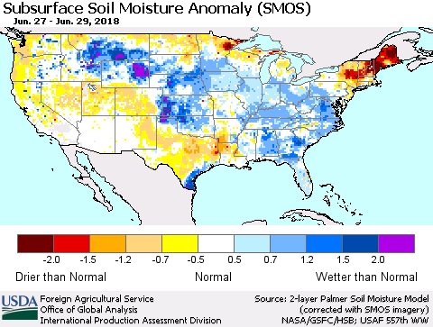 United States Subsurface Soil Moisture Anomaly (SMOS) Thematic Map For 6/25/2018 - 7/1/2018
