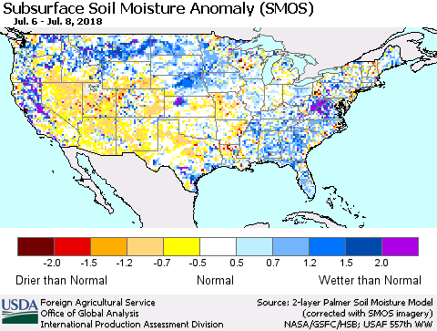 United States Subsurface Soil Moisture Anomaly (SMOS) Thematic Map For 7/2/2018 - 7/8/2018