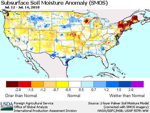 United States Subsurface Soil Moisture Anomaly (SMOS) Thematic Map For 7/9/2018 - 7/15/2018