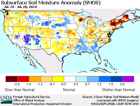 United States Subsurface Soil Moisture Anomaly (SMOS) Thematic Map For 7/16/2018 - 7/22/2018
