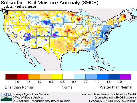United States Subsurface Soil Moisture Anomaly (SMOS) Thematic Map For 7/23/2018 - 7/29/2018
