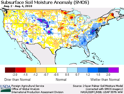 United States Subsurface Soil Moisture Anomaly (SMOS) Thematic Map For 7/30/2018 - 8/5/2018