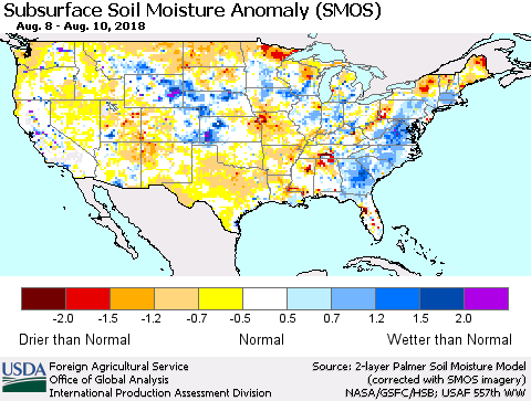 United States Subsurface Soil Moisture Anomaly (SMOS) Thematic Map For 8/6/2018 - 8/12/2018