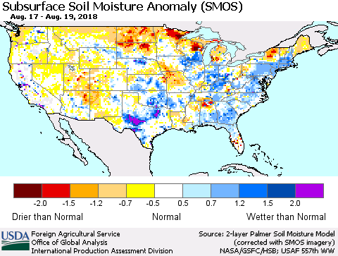 United States Subsurface Soil Moisture Anomaly (SMOS) Thematic Map For 8/13/2018 - 8/19/2018