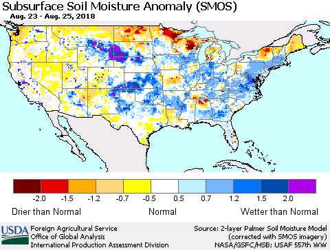 United States Subsurface Soil Moisture Anomaly (SMOS) Thematic Map For 8/20/2018 - 8/26/2018