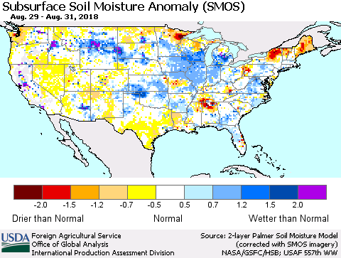 United States Subsurface Soil Moisture Anomaly (SMOS) Thematic Map For 8/27/2018 - 9/2/2018