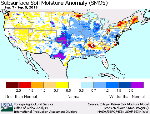 United States Subsurface Soil Moisture Anomaly (SMOS) Thematic Map For 9/3/2018 - 9/9/2018