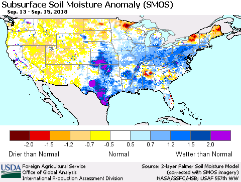 United States Subsurface Soil Moisture Anomaly (SMOS) Thematic Map For 9/10/2018 - 9/16/2018