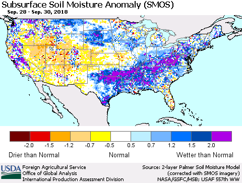United States Subsurface Soil Moisture Anomaly (SMOS) Thematic Map For 9/24/2018 - 9/30/2018