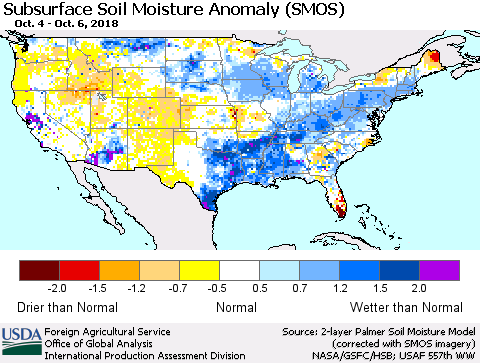 United States Subsurface Soil Moisture Anomaly (SMOS) Thematic Map For 10/1/2018 - 10/7/2018