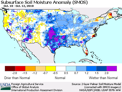 United States Subsurface Soil Moisture Anomaly (SMOS) Thematic Map For 10/8/2018 - 10/14/2018