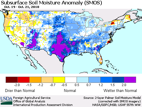 United States Subsurface Soil Moisture Anomaly (SMOS) Thematic Map For 10/15/2018 - 10/21/2018