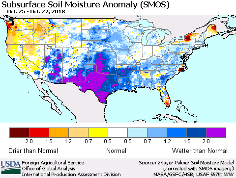United States Subsurface Soil Moisture Anomaly (SMOS) Thematic Map For 10/22/2018 - 10/28/2018