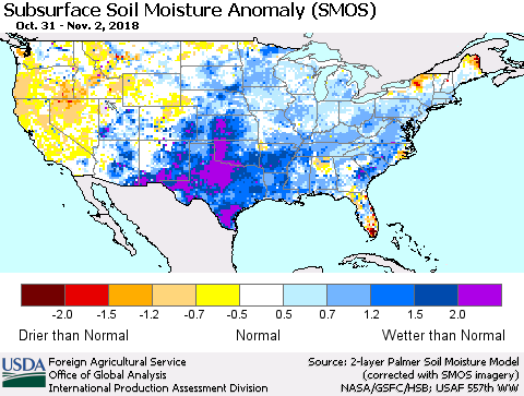 United States Subsurface Soil Moisture Anomaly (SMOS) Thematic Map For 10/29/2018 - 11/4/2018
