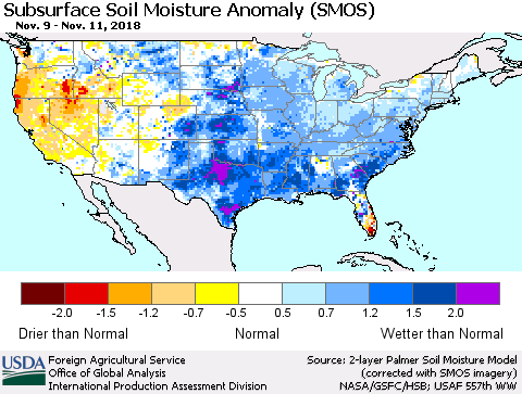 United States Subsurface Soil Moisture Anomaly (SMOS) Thematic Map For 11/5/2018 - 11/11/2018