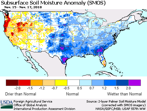 United States Subsurface Soil Moisture Anomaly (SMOS) Thematic Map For 11/12/2018 - 11/18/2018