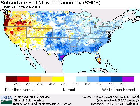 United States Subsurface Soil Moisture Anomaly (SMOS) Thematic Map For 11/19/2018 - 11/25/2018