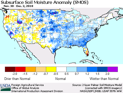United States Subsurface Soil Moisture Anomaly (SMOS) Thematic Map For 11/26/2018 - 12/2/2018
