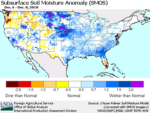 United States Subsurface Soil Moisture Anomaly (SMOS) Thematic Map For 12/3/2018 - 12/9/2018