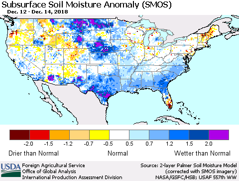 United States Subsurface Soil Moisture Anomaly (SMOS) Thematic Map For 12/10/2018 - 12/16/2018