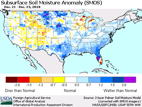United States Subsurface Soil Moisture Anomaly (SMOS) Thematic Map For 12/17/2018 - 12/23/2018