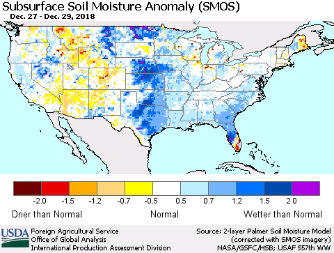 United States Subsurface Soil Moisture Anomaly (SMOS) Thematic Map For 12/24/2018 - 12/30/2018