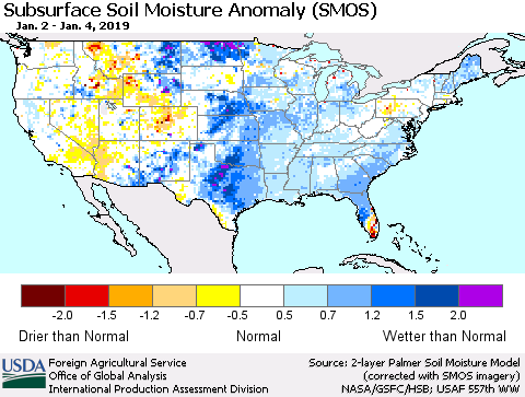 United States Subsurface Soil Moisture Anomaly (SMOS) Thematic Map For 12/31/2018 - 1/6/2019
