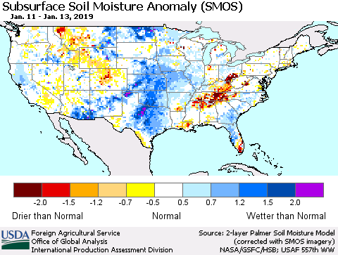 United States Subsurface Soil Moisture Anomaly (SMOS) Thematic Map For 1/7/2019 - 1/13/2019