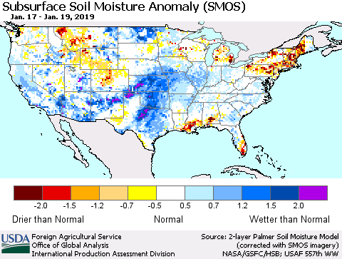 United States Subsurface Soil Moisture Anomaly (SMOS) Thematic Map For 1/14/2019 - 1/20/2019