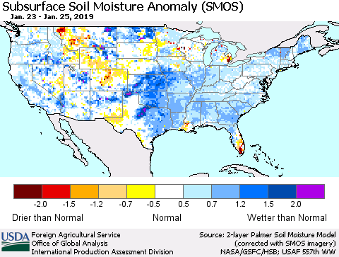 United States Subsurface Soil Moisture Anomaly (SMOS) Thematic Map For 1/21/2019 - 1/27/2019