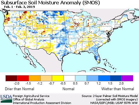 United States Subsurface Soil Moisture Anomaly (SMOS) Thematic Map For 1/28/2019 - 2/3/2019