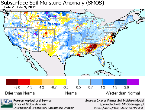 United States Subsurface Soil Moisture Anomaly (SMOS) Thematic Map For 2/4/2019 - 2/10/2019
