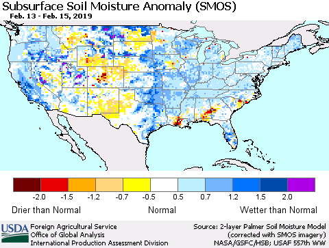 United States Subsurface Soil Moisture Anomaly (SMOS) Thematic Map For 2/11/2019 - 2/17/2019