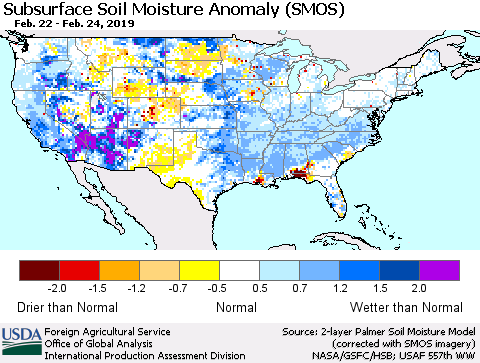 United States Subsurface Soil Moisture Anomaly (SMOS) Thematic Map For 2/18/2019 - 2/24/2019