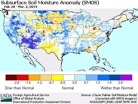 United States Subsurface Soil Moisture Anomaly (SMOS) Thematic Map For 2/25/2019 - 3/3/2019