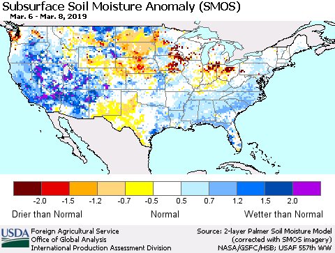 United States Subsurface Soil Moisture Anomaly (SMOS) Thematic Map For 3/4/2019 - 3/10/2019