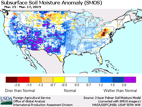 United States Subsurface Soil Moisture Anomaly (SMOS) Thematic Map For 3/11/2019 - 3/17/2019