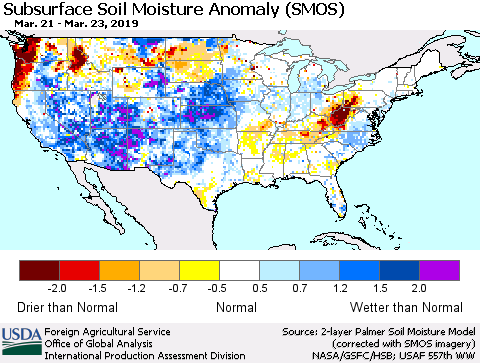 United States Subsurface Soil Moisture Anomaly (SMOS) Thematic Map For 3/18/2019 - 3/24/2019