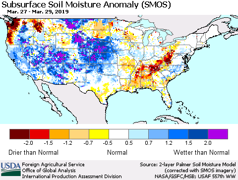 United States Subsurface Soil Moisture Anomaly (SMOS) Thematic Map For 3/25/2019 - 3/31/2019
