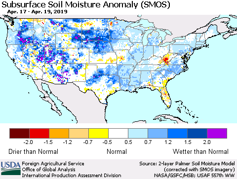 United States Subsurface Soil Moisture Anomaly (SMOS) Thematic Map For 4/15/2019 - 4/21/2019
