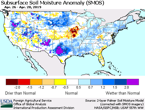 United States Subsurface Soil Moisture Anomaly (SMOS) Thematic Map For 4/22/2019 - 4/28/2019