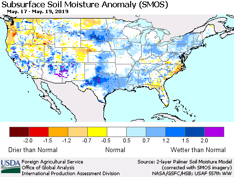 United States Subsurface Soil Moisture Anomaly (SMOS) Thematic Map For 5/13/2019 - 5/19/2019