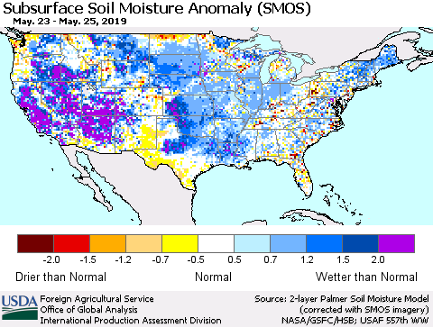 United States Subsurface Soil Moisture Anomaly (SMOS) Thematic Map For 5/20/2019 - 5/26/2019