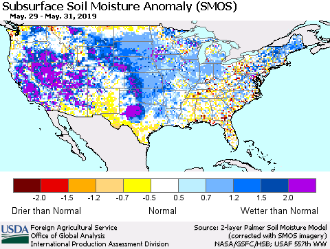 United States Subsurface Soil Moisture Anomaly (SMOS) Thematic Map For 5/27/2019 - 6/2/2019